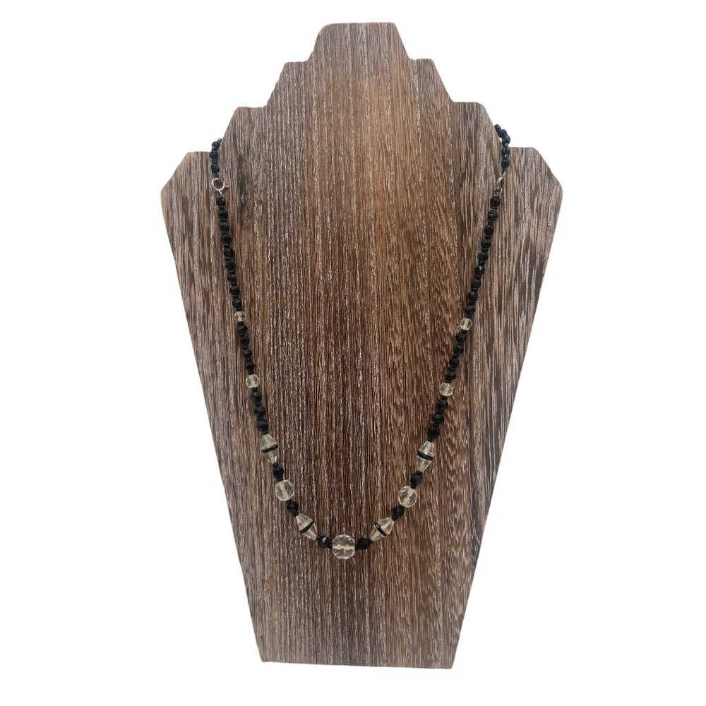 Art Deco 1920's Black&Clear Beaded Antique Necklace Faceted Glass Beads 18" READ